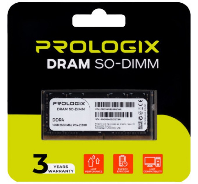 Prologix Модуль пам'яті для ноутбука SoDIMM DDR4 16GB 2666 MHz Prologix (PRO16GB2666D4S)