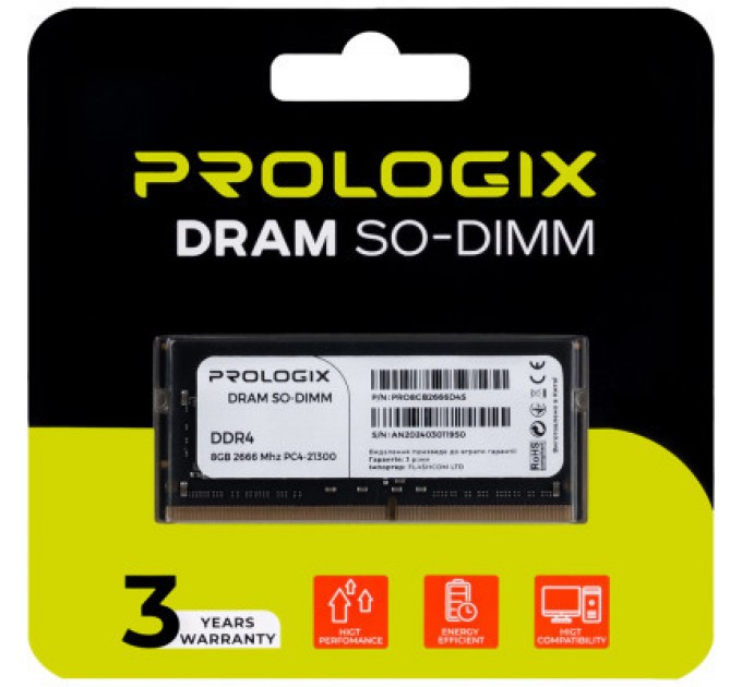 Prologix Модуль пам'яті для ноутбука SoDIMM DDR4 8GB 2666 MHz Prologix (PRO8GB2666D4S)
