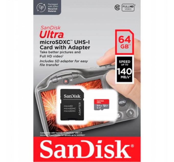 SanDisk Карта пам'яті SanDisk 64GB microSD Class 10 A1 R-140 (SDSQUAB-064G-GN6IA)