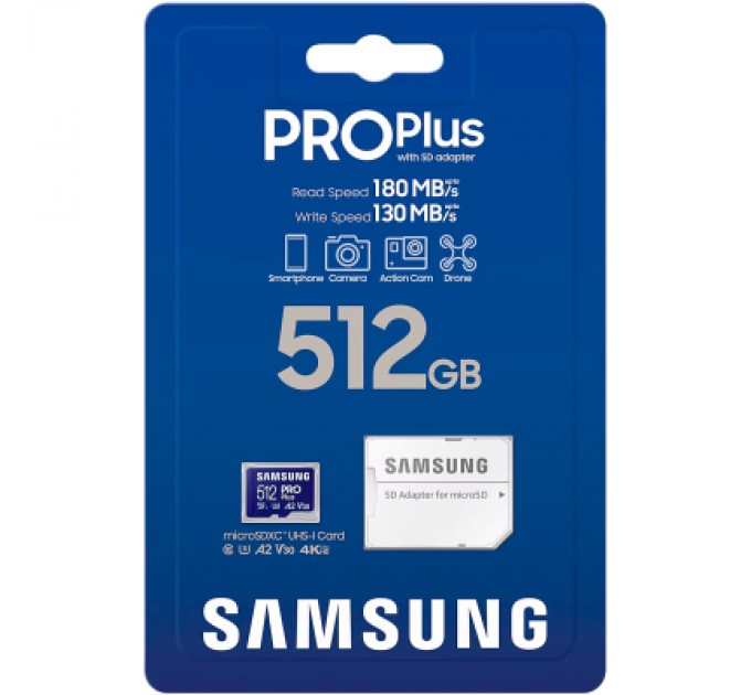 Карта пам'яті Samsung 512 GB microSDXC Pro Plus UHS-I U3 V30 A2 Class 10 + SD-adap (MB-MD512SA/EU)