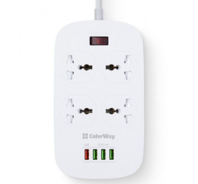 ColorWay Мережевий фільтр живлення ColorWay 4 розетки/4USB White 1.8м (1QC3.0 + 3 AUTO ID) (CW-CHU44QW)