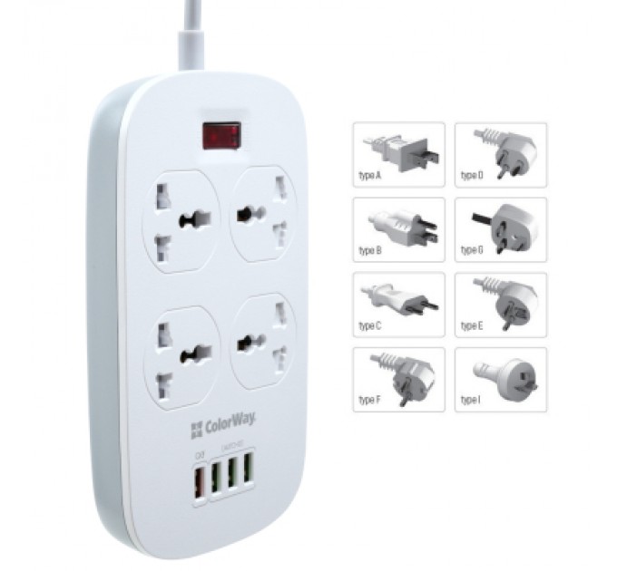 ColorWay Мережевий фільтр живлення ColorWay 4 розетки/4USB White 1.8м (1QC3.0 + 3 AUTO ID) (CW-CHU44QW)