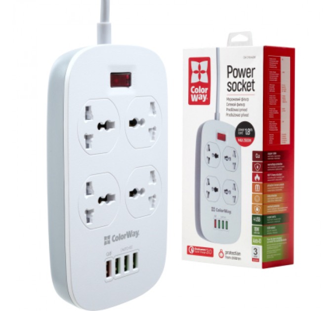 ColorWay Мережевий фільтр живлення ColorWay 4 розетки/4USB White 1.8м (1QC3.0 + 3 AUTO ID) (CW-CHU44QW)
