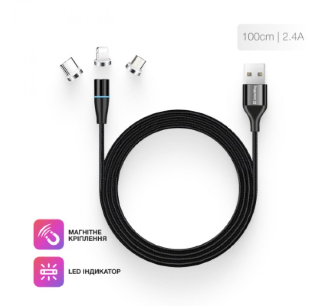 ColorWay Дата кабель USB 2.0 AM to Lightning + Micro 5P + Type-C 1.0m Magnetic ColorWay (CW-CBUU038-BK)