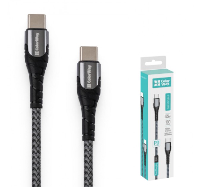ColorWay Дата кабель USB-C to USB-C 1.0m PD Fast Charging 65W 3А grey ColorWay (CW-CBPDCC040-GR)