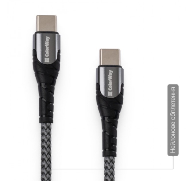 ColorWay Дата кабель USB-C to USB-C 2.0m PD Fast Charging 65W 3A grey ColorWay (CW-CBPDCC039-GR)