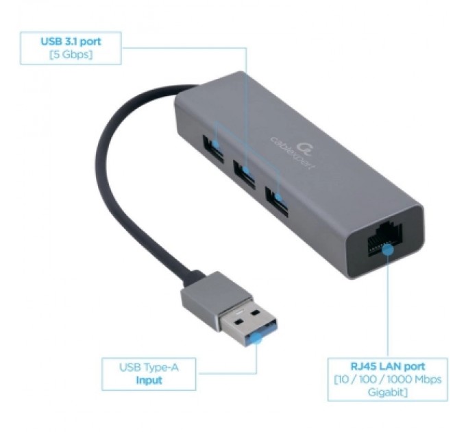 Cablexpert Адаптер USB-A to Gigabit Ethernet, 3 Ports USB 3.1 Gen1 Cablexpert (A-AMU3-LAN-01)