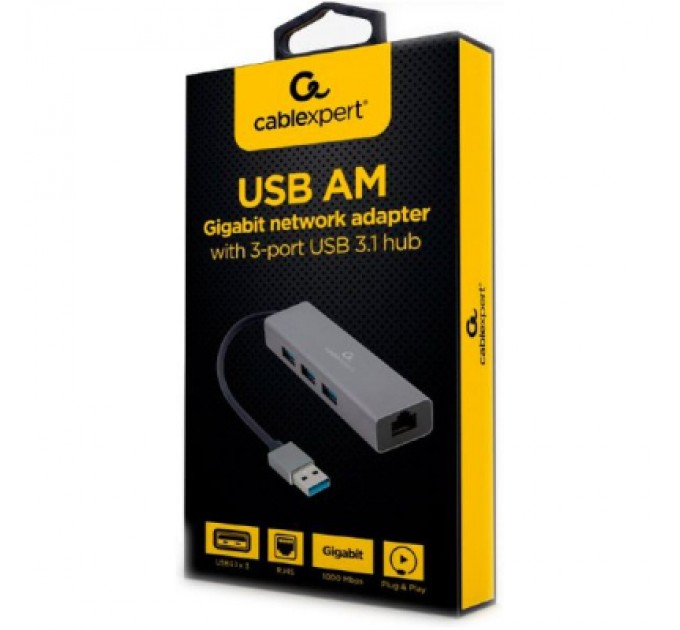 Cablexpert Адаптер USB-A to Gigabit Ethernet, 3 Ports USB 3.1 Gen1 Cablexpert (A-AMU3-LAN-01)