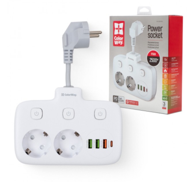 ColorWay Мережевий фільтр живлення ColorWay CW-CHE24PDW 2 розетки/4USB (CW-CHE24PDW)