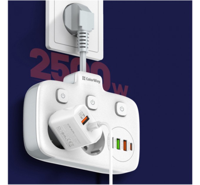 ColorWay Мережевий фільтр живлення ColorWay CW-CHE24PDW 2 розетки/4USB (CW-CHE24PDW)