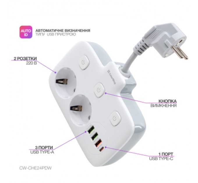 ColorWay Мережевий фільтр живлення ColorWay CW-CHE24PDW 2 розетки/4USB (CW-CHE24PDW)