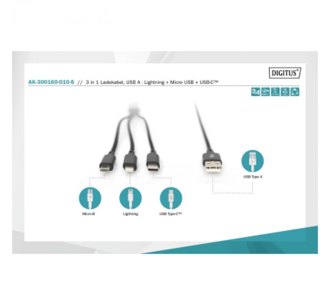 Digitus Дата кабель USB 2.0 AM to Lightning + Micro 5P + Type-C 1.0m charge only Digitus (AK-300160-010-S)