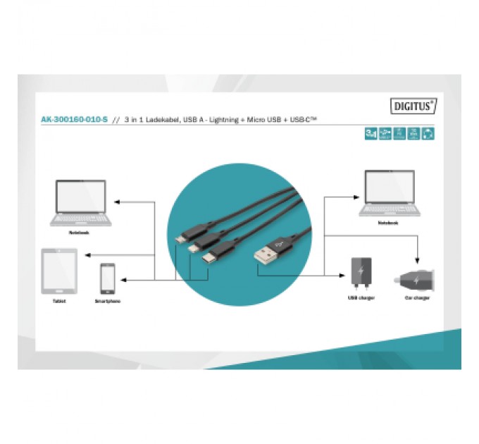 Digitus Дата кабель USB 2.0 AM to Lightning + Micro 5P + Type-C 1.0m charge only Digitus (AK-300160-010-S)