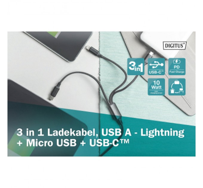 Digitus Дата кабель USB 2.0 AM to Lightning + Micro 5P + Type-C 1.0m charge only Digitus (AK-300160-010-S)