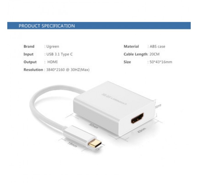 Перехідник USB2.0 Type-C to HDMI V1.4b 40273 white Ugreen (40273)