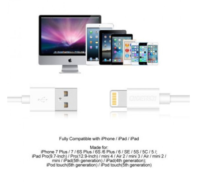 Дата кабель USB 2.0 AM to Lightning 1.8m 2.1A MFI White Choetech (IP0027-WH)
