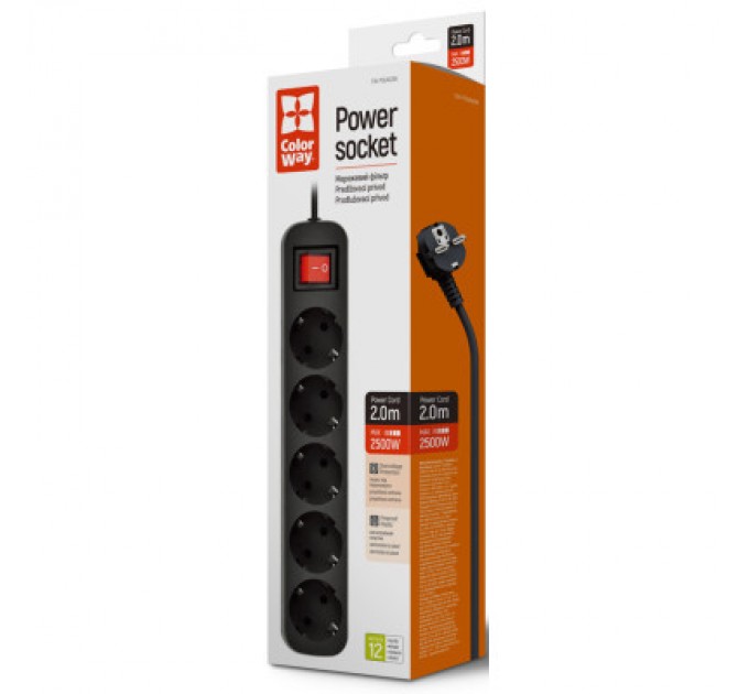 ColorWay Мережевий фільтр живлення ColorWay CW-PSEA52BK, 5 розеток/ 2M black (CW-PSEA52BK)