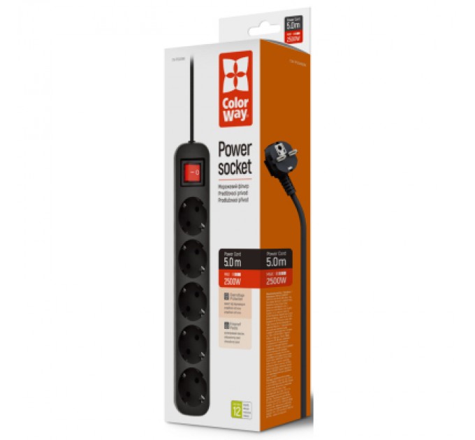 ColorWay Мережевий фільтр живлення ColorWay CW-PSEA55BK, 5 розеток/ 5M black (CW-PSEA55BK)