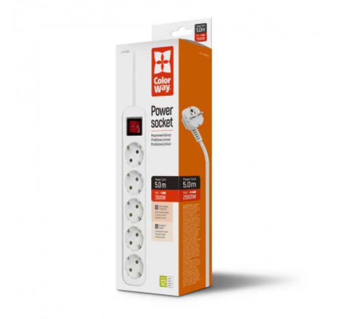 ColorWay Мережевий фільтр живлення ColorWay CW-PSEA55W, 5 розеток/ 5M white (CW-PSEA55W)