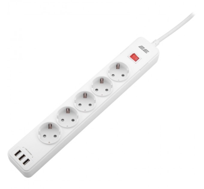 2E Мережевий фільтр живлення 2E 5XSchuko, 3G*1.5мм, 3*USB-A, 2м, white (2E-SP515M2USBWH)