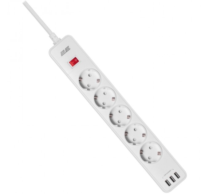 2E Мережевий фільтр живлення 2E 5XSchuko, 3G*1.5мм, 3*USB-A, 2м, white (2E-SP515M2USBWH)
