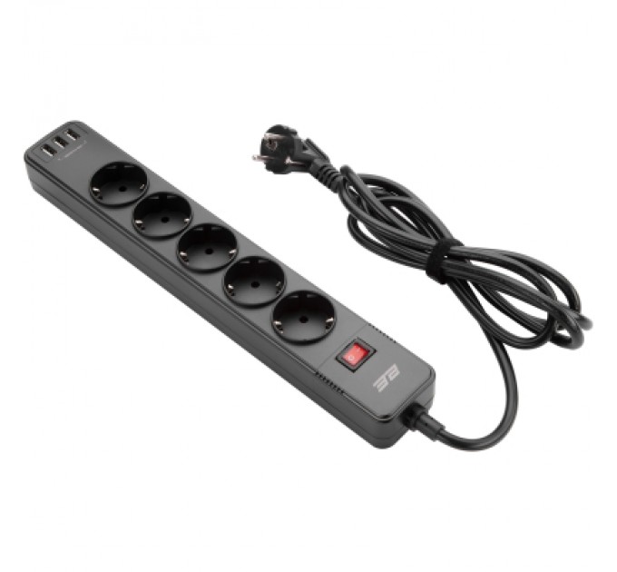 2E Мережевий фільтр живлення 2E 5XSchuko, 3G*1.5мм, 3*USB-A, 2м, black (2E-SP515M2USBBK)