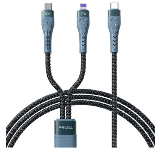 Proda Дата кабель USB-C to USB-C + Lightning 1.3m Azeada PD-B73th 27W/100W data transfer black Proda (PD-B73th-BK)