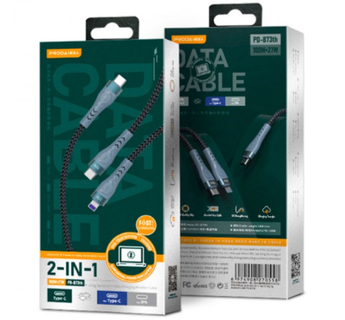 Proda Дата кабель USB-C to USB-C + Lightning 1.3m Azeada PD-B73th 27W/100W data transfer black Proda (PD-B73th-BK)