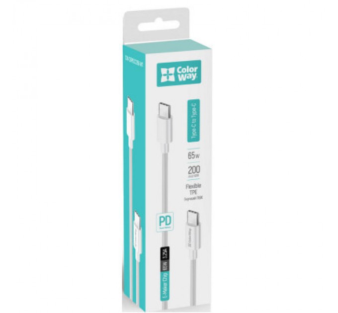 ColorWay Дата кабель USB-C to USB-C 2.0m 3A 65W white ColorWay (CW-CBPDCC056-WT)