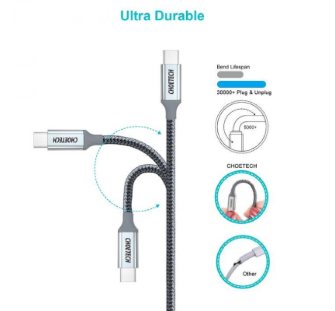Дата кабель USB-C to USB-C 1.8m USB 2.0 100W Choetech (XCC-1002-GY)
