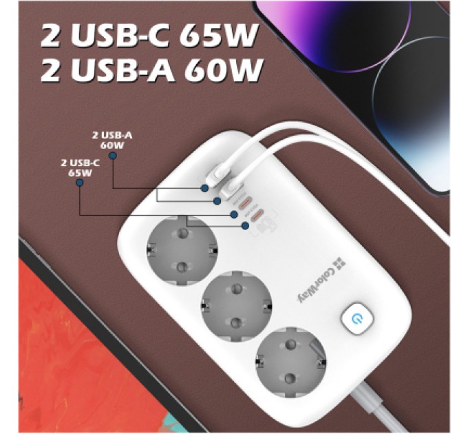 ColorWay Мережевий фільтр живлення ColorWay CW-CHE34PDW 3 розетки/4USB (CW-CHE34PDW)