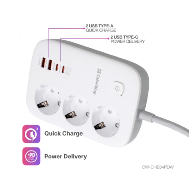 ColorWay Мережевий фільтр живлення ColorWay CW-CHE34PDW 3 розетки/4USB (CW-CHE34PDW)