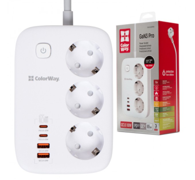ColorWay Мережевий фільтр живлення ColorWay CW-CHE34PDW 3 розетки/4USB (CW-CHE34PDW)
