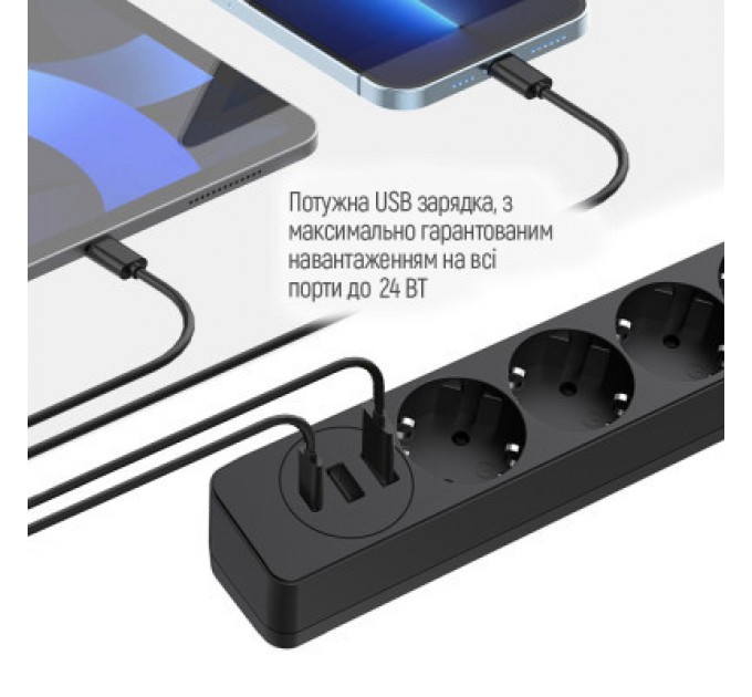 ColorWay Мережевий фільтр живлення ColorWay CW-CHE432PDB, 4 розетки/3USB 2M (CW-CHE432PDB)