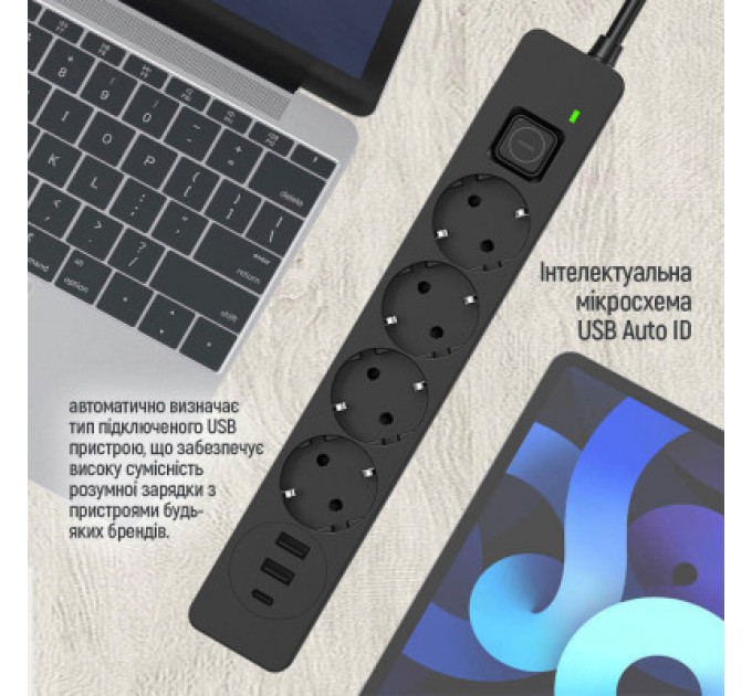 ColorWay Мережевий фільтр живлення ColorWay CW-CHE432PDB, 4 розетки/3USB 2M (CW-CHE432PDB)