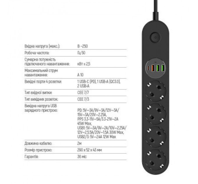 Мережевий фільтр живлення ColorWay CW-CHE44PDB, 4 розетки/4USB 2M (CW-CHE44PDB)