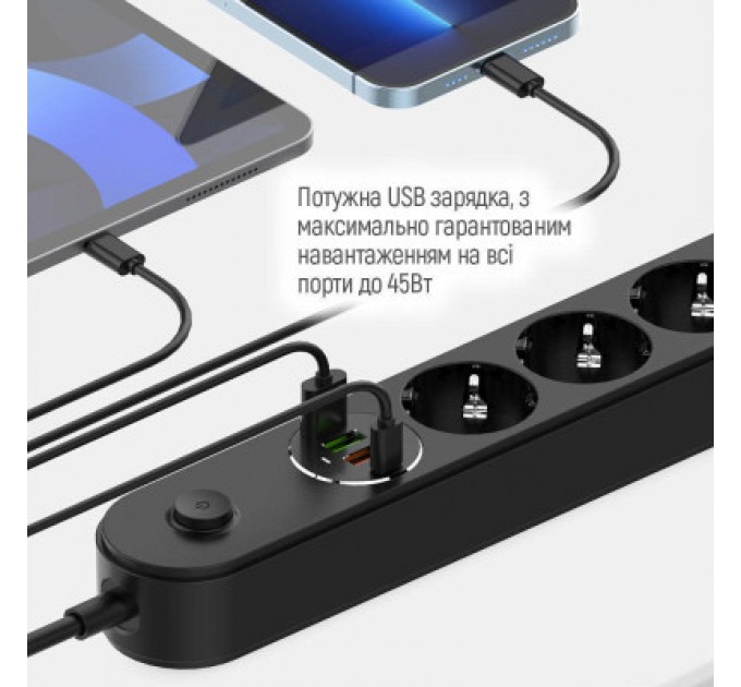 Мережевий фільтр живлення ColorWay CW-CHE44PDB, 4 розетки/4USB 2M (CW-CHE44PDB)