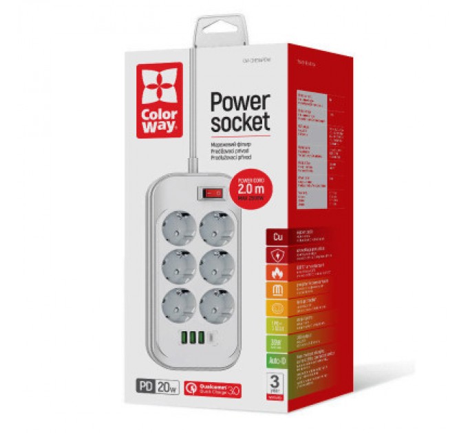 ColorWay Мережевий фільтр живлення ColorWay CW-CHE64PDW, 6 розеток/4USB 2M (CW-CHE64PDW)