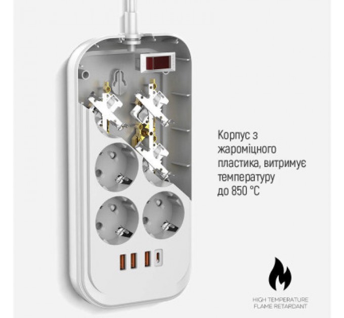 ColorWay Мережевий фільтр живлення ColorWay CW-CHE64PDW, 6 розеток/4USB 2M (CW-CHE64PDW)