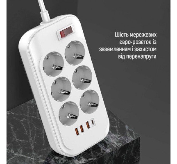 ColorWay Мережевий фільтр живлення ColorWay CW-CHE64PDW, 6 розеток/4USB 2M (CW-CHE64PDW)