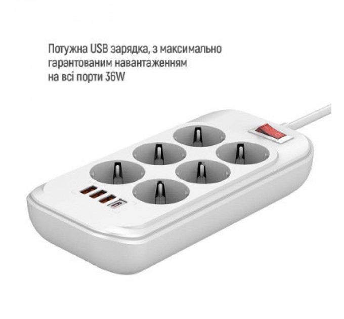 ColorWay Мережевий фільтр живлення ColorWay CW-CHE64PDW, 6 розеток/4USB 2M (CW-CHE64PDW)