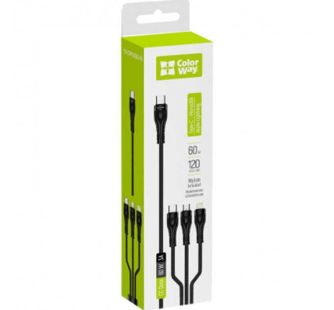 ColorWay Дата кабель USB 2.0 AM to Lightning + Micro 5P + Type-C 1.2m 3.0A (PD60W data) Black ColorWay (CW-CBPDU3060-BK)