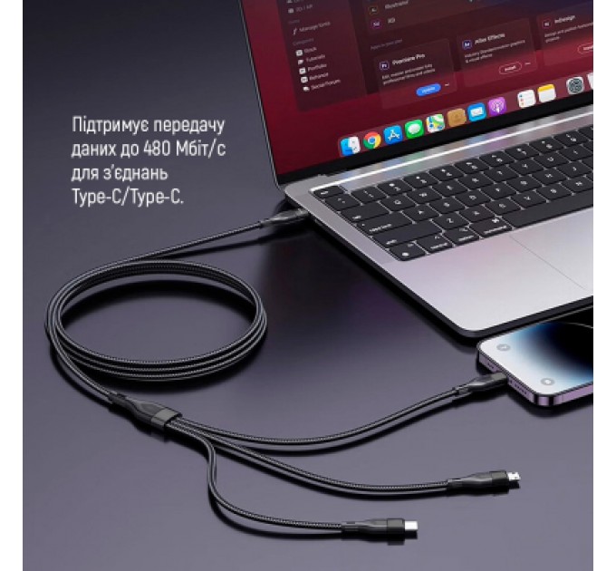 ColorWay Дата кабель USB 2.0 AM to Lightning + Micro 5P + Type-C 1.2m 3.0A (PD60W data) Black ColorWay (CW-CBPDU3060-BK)