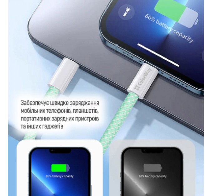 ColorWay Дата кабель USB-C to USB-C 1.0m 60W 3.0А green ColorWay (CW-CBPDCC061-G)