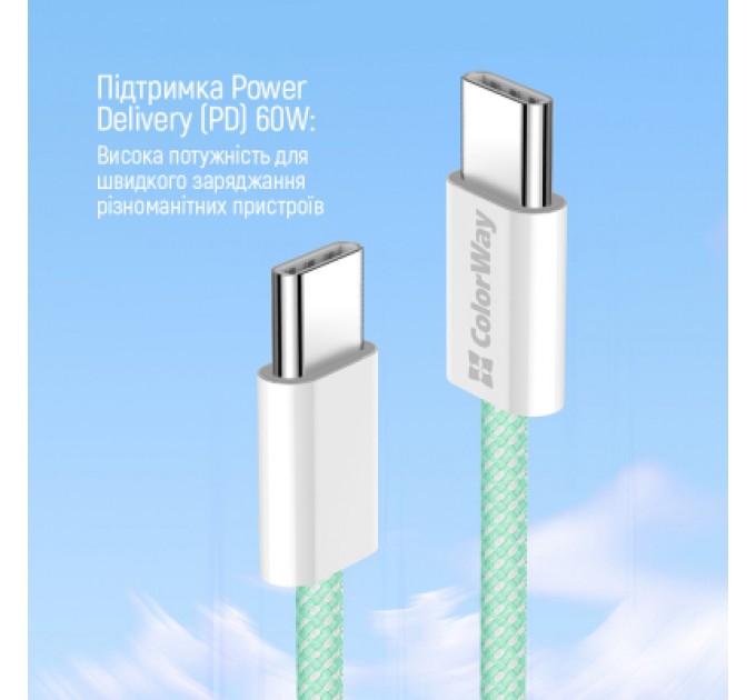 ColorWay Дата кабель USB-C to USB-C 1.0m 60W 3.0А green ColorWay (CW-CBPDCC061-G)