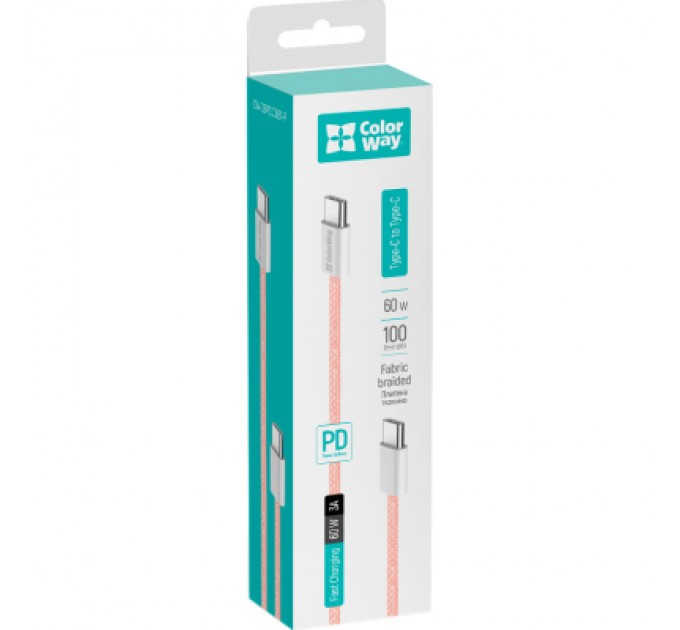 ColorWay Дата кабель USB-C to USB-C 1.0m 60W 3.0А pink ColorWay (CW-CBPDCC061-P)