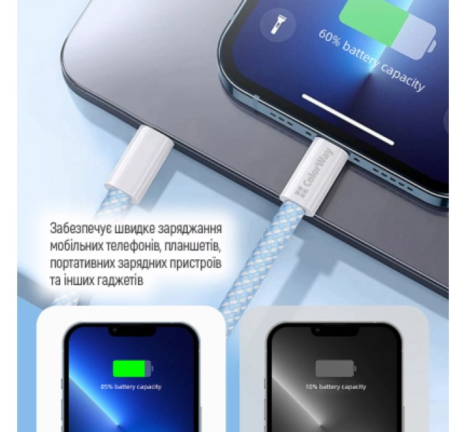 ColorWay Дата кабель USB-C to USB-C 1.0m 60W 3.0А blue ColorWay (CW-CBPDCC061-BL)