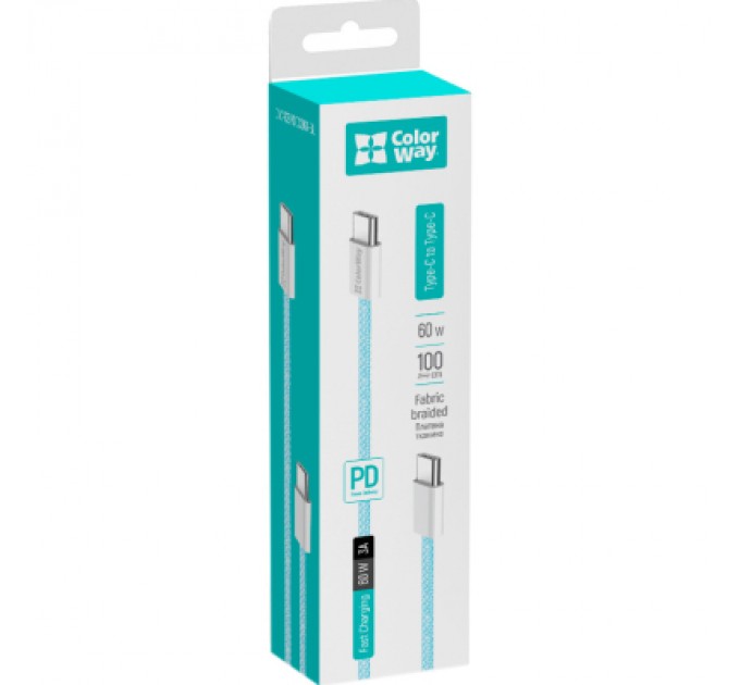 ColorWay Дата кабель USB-C to USB-C 1.0m 60W 3.0А blue ColorWay (CW-CBPDCC061-BL)