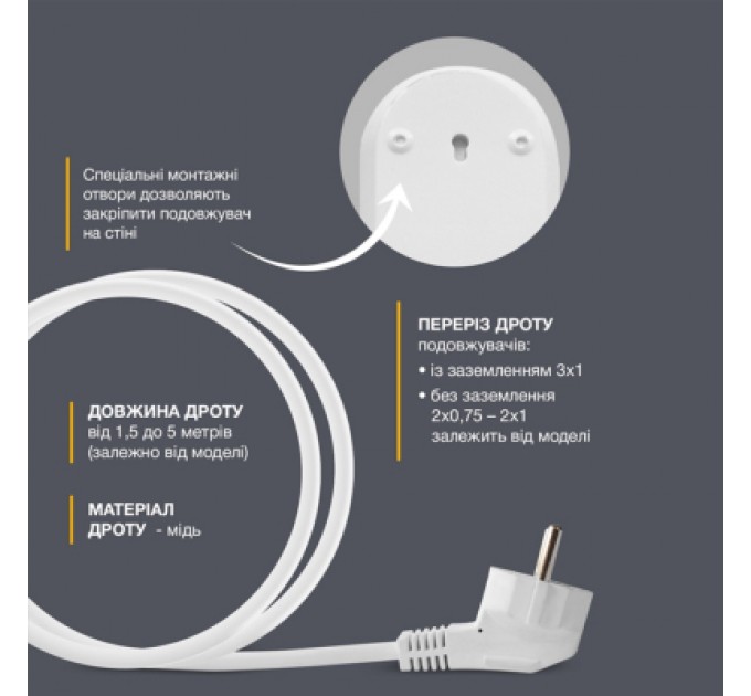 Мережевий подовжувач Electrum C-ES-1791 2.0m, 3 роз, white (C-ES-1791)