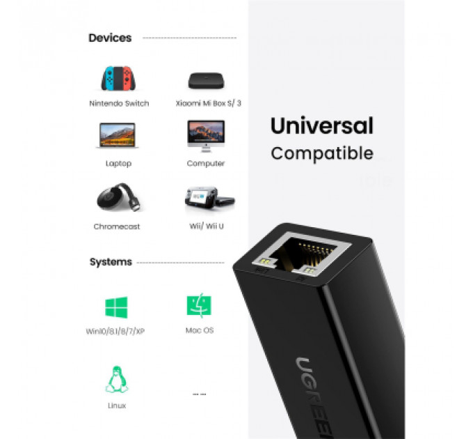 Перехідник USB 2.0 to Ethernet RJ45 10/100 Mb CR110 Ugreen (20254)